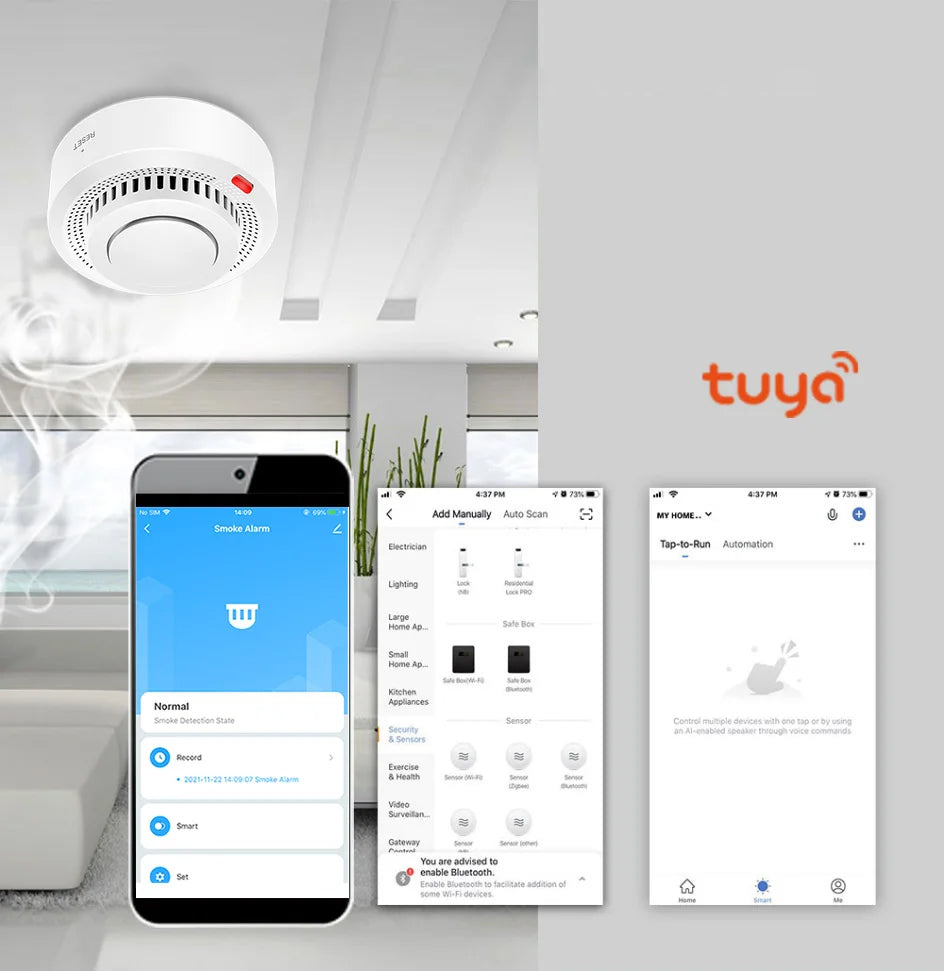 Alarme de Fumo Inteligente TUYA - Compatível com Google Assistant e Alexa, Wi-Fi Alarme de Fumo Inteligente TUYA - Compatível com Google Assistant e Alexa, Wi-Fi